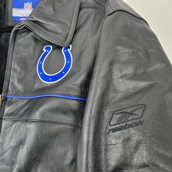 VTG Reebok NFL Indianapolis Colts On Field Leather Jacket Mens L Black Full Zip - Picture 3 of 9